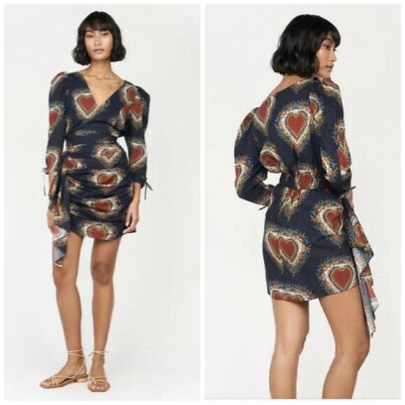 Rhode Piper  Blue Ebony Heart Print VNeck Long Puffed Sleeve‎ Size Large NEW - Picture 1 of 5